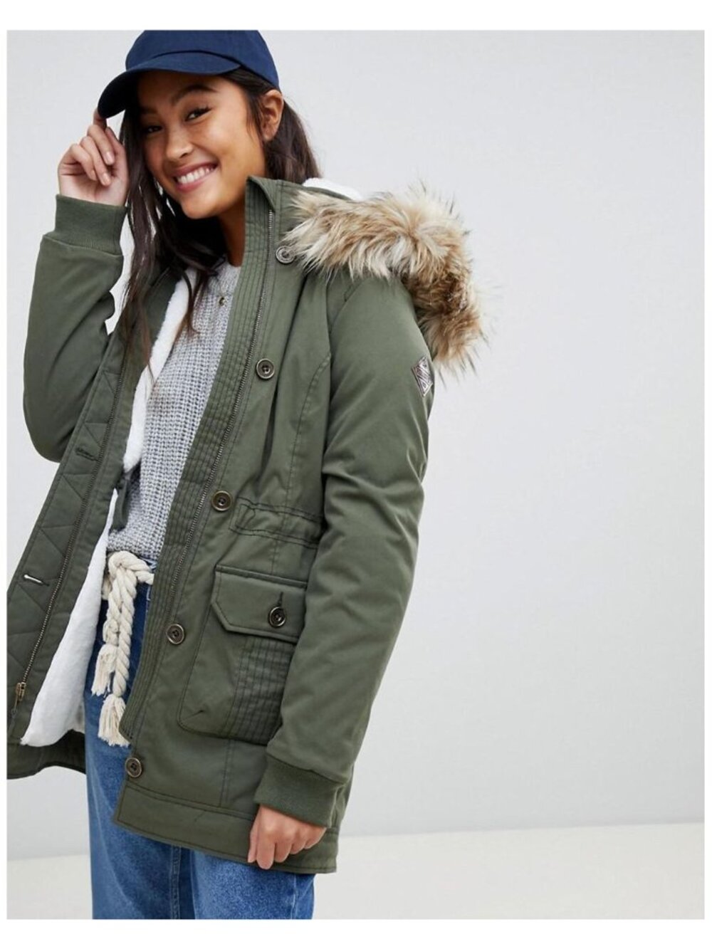 Hollister Green Faux Fur & Plaid Lined Hooded Parka Winter Coat S Utility Jacket